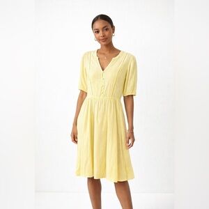 ICHI Yellow Textured Midi Dress Size 36 Button Front Short Sleeve Summer